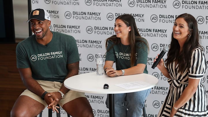 AJ and Gabrielle Dillon answer questions about their new charity initiative, ÒCarry for a Cause,Ó on Wednesday, September 11, 2024, at the U.S. Venture Center in Ashwaubenon, Wis. The Dillon Family Foundation is pledging to donate a backpack of food to a child in need for each yard that Packers players rush for during home games in the 2024 season.
Tork Mason/USA TODAY NETWORK-Wisconsin