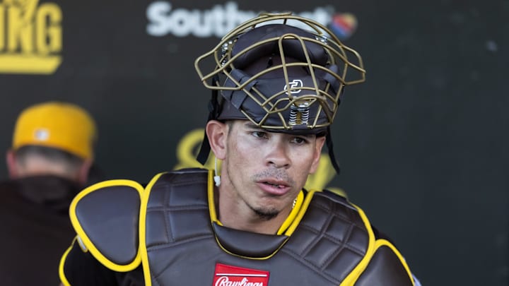 Mar 19, 2026; Peoria, Arizona, USA; San Diego Padres catcher Freddy Fermin against the Chicago White Sox during a spring training game at Peoria Sports Complex. Mandatory Credit: Mark J. Rebilas-Imagn Images

