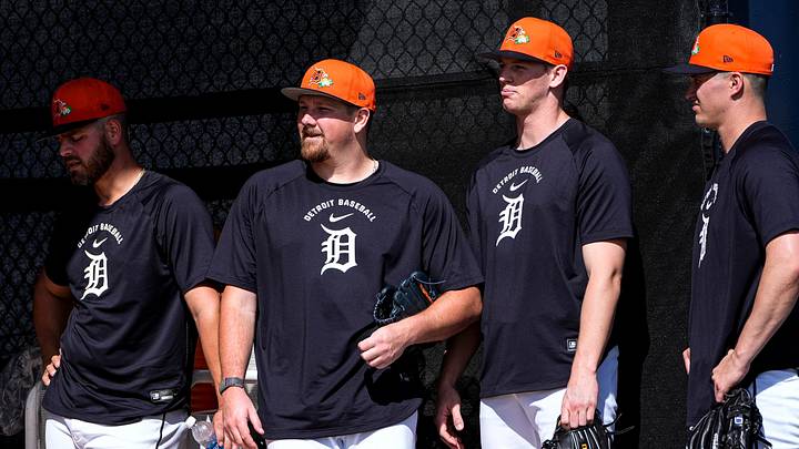 From left, Detroit Tigers pitcher Tanner Rainey, pitcher Drew Sommers, pitcher Troy Melton, and pitcher Ty Madden watch pitcher Justin Verlander (not in the photo) throwing in the bullpen during spring training. Credit From left, Detroit Tigers pitcher Tanner Rainey, pitcher Drew Sommers, pitcher Troy Melton, and pitcher Ty Madden watch pitcher Justin Verlander (not in the photo) throwing in the bullpen during spring training. Credit