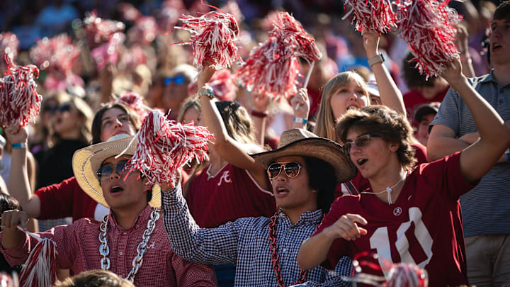 Oct 12, 2024; Tuscaloosa, Alabama, USA; Alabama Crimson Tide fans sing “Dixie Land Delight” during the fourth quarter at Bryant-Denny Stadium. Mandatory Credit: Will McLelland-Imagn Images
