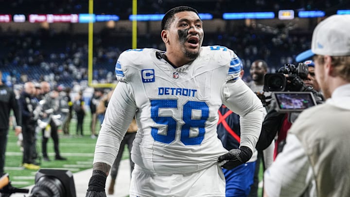 Detroit Lions offensive tackle Penei Sewell (58) walks off the field after 44-30 win over Dallas Cowboys at Ford Field in Detroit on Thursday, Dec. 4, 2025. Detroit Lions offensive tackle Penei Sewell (58) walks off the field after 44-30 win over Dallas Cowboys at Ford Field in Detroit on Thursday, Dec. 4, 2025.