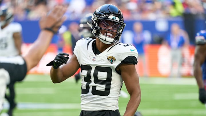 Oct 8, 2023; London, United Kingdom;  Jacksonville Jaguars wide receiver Jamal Agnew (39) smiles during the second half of an NFL International Series game against the Buffalo Bills at Tottenham Hotspur Stadium. Mandatory Credit: Peter van den Berg-Imagn Images