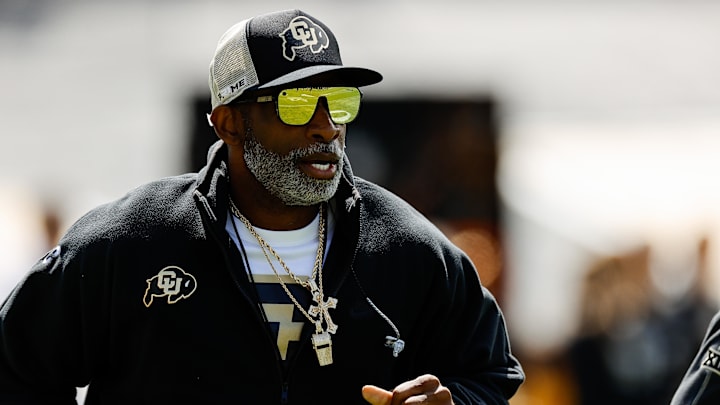Apr 19, 2025; Boulder, CO, USA; Colorado Buffaloes head coach Deion Sanders during the spring game at Folsom Field. Mandatory Credit: Isaiah J. Downing-Imagn Images