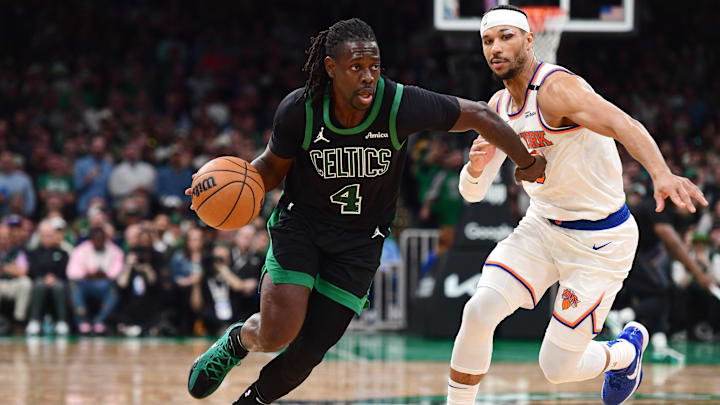 May 14, 2025; Boston, Massachusetts, USA; Boston Celtics guard Jrue Holiday (4) controls the ball while New York Knicks guard Josh Hart (3) defends in the second half during game five of the second round for the 2025 NBA Playoffs at TD Garden. Mandatory Credit: Bob DeChiara-Imagn Images May 14, 2025; Boston, Massachusetts, USA; Boston Celtics guard Jrue Holiday (4) controls the ball while New York Knicks guard Josh Hart (3) defends in the second half during game five of the second round for the 2025 NBA Playoffs at TD Garden. Mandatory Credit: Bob DeChiara-Imagn Images