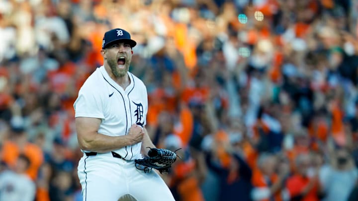 Oct 8, 2025; Detroit, Michigan, USA; Detroit Tigers pitcher Will Vest (19) reacts after recording the final out against the Seattle Mariners during game four of the ALDS round for the 2025 MLB playoffs at Comerica Park. 