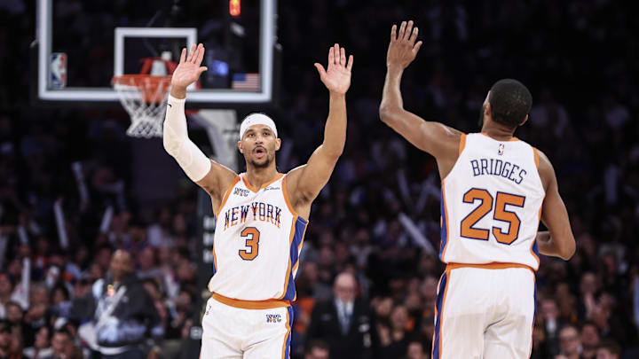 New York Knicks guard Josh Hart celebrates with forward Mikal Bridges. Mandatory Credit: Wendell Cruz-Imagn Images