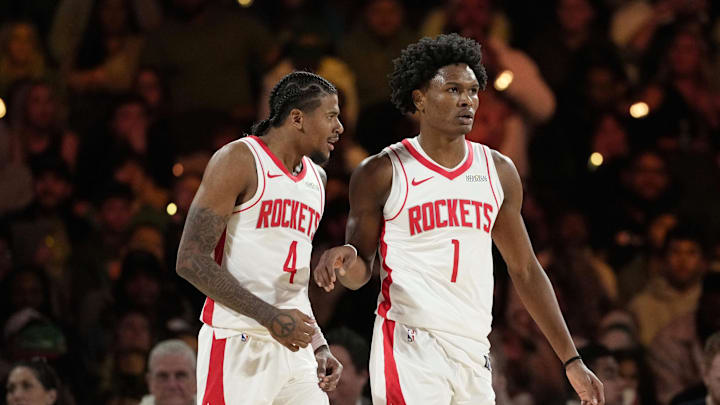 Dec 14, 2024; Las Vegas, Nevada, USA; Houston Rockets forward Amen Thompson (1) and guard Jalen Green (4) react during the second quarter against the Oklahoma City Thunder in a semifinal of the 2024 Emirates NBA Cup at T-Mobile Arena. Mandatory Credit: Kyle Terada-Imagn Images