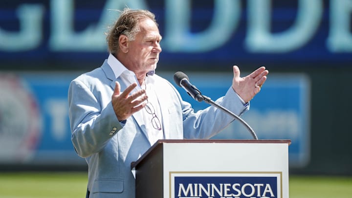 Aug 21, 2022; Minneapolis, Minnesota, USA; Minnesota Twins former player and radio announcer Dan Gladden addresses the crowd as inducted into the Twins hall of fame before the game with the Texas Rangers at Target Field. Mandatory Credit: Bruce Kluckhohn-Imagn Images