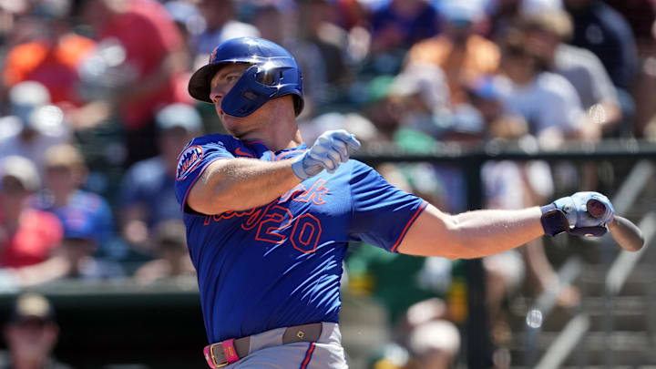 Apr 13, 2025; West Sacramento, California, USA; New York Mets first baseman Pete Alonso (20) bats against the Athletics during the first inning at Sutter Health Park. Mandatory Credit: Darren Yamashita-Imagn Images