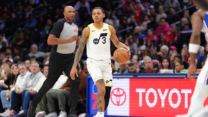 Mar 9, 2025; Philadelphia, Pennsylvania, USA; Utah Jazz guard Keyonte George (3) controls the ball against the Philadelphia 76ers in the third quarter at Wells Fargo Center. Mandatory Credit: Kyle Ross-Imagn Images
