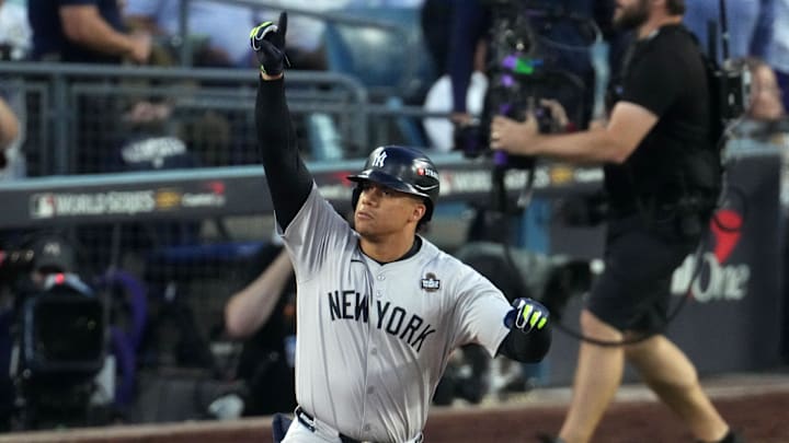 Oct 26, 2024; Los Angeles, California, USA; New York Yankees outfielder Juan Soto (22) reacts after hitting a home run against the Los Angeles Dodgers in the third inning for game two of the 2024 MLB World Series at Dodger Stadium. Mandatory Credit: Kirby Lee-Imagn Images
