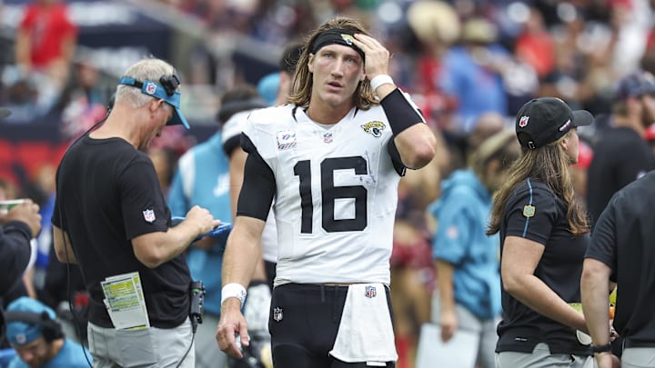 Sep 29, 2024; Houston, Texas, USA; Jacksonville Jaguars quarterback Trevor Lawrence (16) walks on the sideline during the fourth quarter against the Houston Texans at NRG Stadium. Mandatory Credit: Troy Taormina-Imagn Images