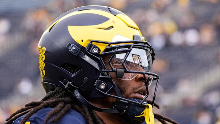 Michigan linebacker Jaishawn Barham (1) warms up before the Central Michigan game at Michigan Stadium in Ann Arbor on Saturday, Sept. 13, 2025.