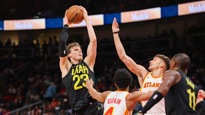 Feb 27, 2024; Atlanta, Georgia, USA; Utah Jazz forward Lauri Markkanen (23) grabs a rebound against the Atlanta Hawks in the second half at State Farm Arena. Mandatory Credit: Brett Davis-USA TODAY Sports Feb 27, 2024; Atlanta, Georgia, USA; Utah Jazz forward Lauri Markkanen (23) grabs a rebound against the Atlanta Hawks in the second half at State Farm Arena. Mandatory Credit: Brett Davis-USA TODAY Sports