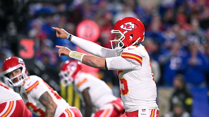 Nov 2, 2025; Orchard Park, New York, USA; Kansas City Chiefs quarterback Patrick Mahomes (15) calls out a play against the Buffalo Bills at the line of scrimmage in the third quarter at Highmark Stadium. Mandatory Credit: Mark Konezny-Imagn Images
