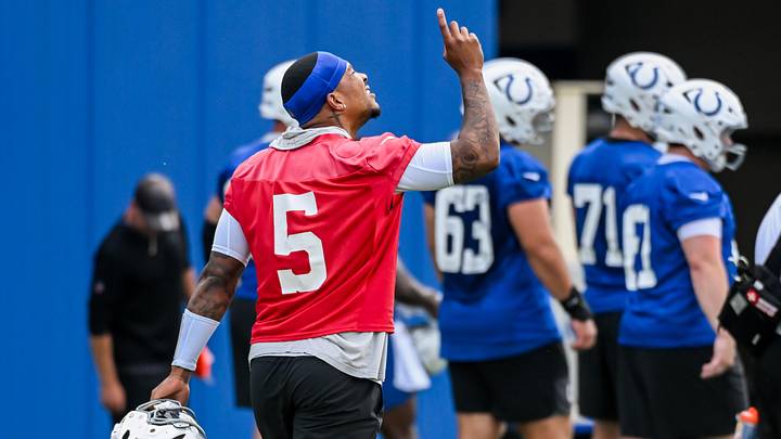 Jun 10, 2026; Indianapolis, IN, USA; Indianapolis Colts quarterback Anthony Richardson Sr. (5) is seen during minicamp at Indiana Farm Bureau Football Center. Mandatory Credit: Robert Goddin-Imagn Images Jun 10, 2026; Indianapolis, IN, USA; Indianapolis Colts quarterback Anthony Richardson Sr. (5) is seen during minicamp at Indiana Farm Bureau Football Center. Mandatory Credit: Robert Goddin-Imagn Images