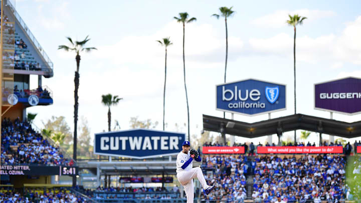 Apr 2, 2025; Los Angeles, California, USA; Los Angeles Dodgers pitcher Blake Snell (7) throws during the first inning against the Atlanta Braves at Dodger Stadium. Mandatory Credit: Gary A. Vasquez-Imagn Images