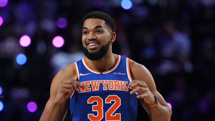 Feb 14, 2026; Los Angeles, CA, USA; New York Knicks center Karl-Anthony Towns (32) reacts during the shooting stars competition during the 2026 NBA All Star Saturday Night at Intuit Dome. Mandatory Credit: Kirby Lee-Imagn Images Feb 14, 2026; Los Angeles, CA, USA; New York Knicks center Karl-Anthony Towns (32) reacts during the shooting stars competition during the 2026 NBA All Star Saturday Night at Intuit Dome. Mandatory Credit: Kirby Lee-Imagn Images