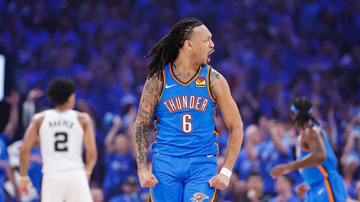 May 20, 2026; Oklahoma City, Oklahoma, USA; Oklahoma City Thunder forward Jaylin Williams (6) celebrates a basket during the first quarter against the San Antonio Spurs during game two of the western conference finals for the 2026 NBA playoffs at Paycom Center. Mandatory Credit: Alonzo Adams-Imagn Images May 20, 2026; Oklahoma City, Oklahoma, USA; Oklahoma City Thunder forward Jaylin Williams (6) celebrates a basket during the first quarter against the San Antonio Spurs during game two of the western conference finals for the 2026 NBA playoffs at Paycom Center. Mandatory Credit: Alonzo Adams-Imagn Images