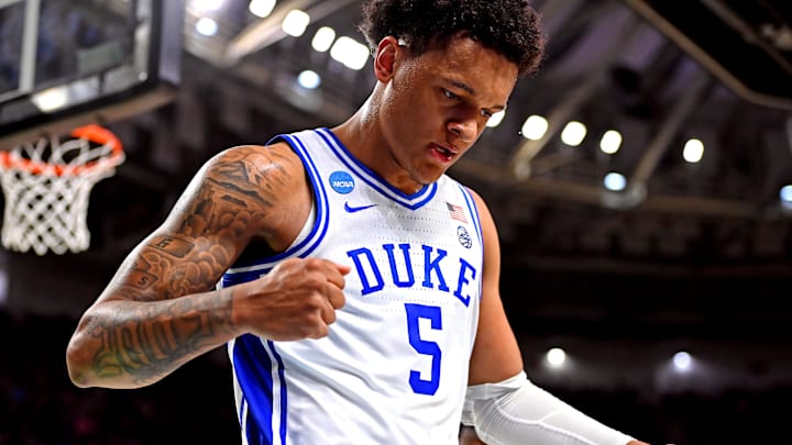Mar 18, 2022; Greenville, SC, USA; Duke Blue Devils forward Paolo Banchero (5) reacts during the