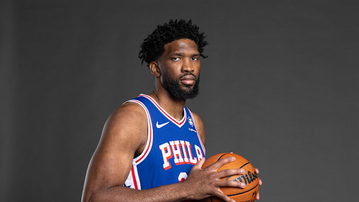 Sep 30, 2024; Camden, NJ, USA; Philadelphia 76ers center Joel Embiid (21) poses for a photo on media day at the Philadelphia 76ers Training Complex. Mandatory Credit: Bill Streicher-Imagn Images