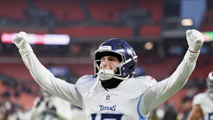 Dec 7, 2025; Cleveland, Ohio, USA; Tennessee Titans wide receiver Mason Kinsey (12) reacts after the game against the Cleveland Browns at Huntington Bank Field. Mandatory Credit: Scott Galvin-Imagn Images Dec 7, 2025; Cleveland, Ohio, USA; Tennessee Titans wide receiver Mason Kinsey (12) reacts after the game against the Cleveland Browns at Huntington Bank Field. Mandatory Credit: Scott Galvin-Imagn Images