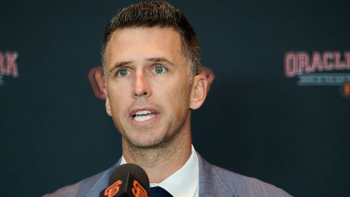 Oct 1, 2024; San Francisco, CA, USA; San Francisco Giants president of baseball operations Buster Posey addresses the media during an introductory press conference at Oracle Park Oct 1, 2024; San Francisco, CA, USA; San Francisco Giants president of baseball operations Buster Posey addresses the media during an introductory press conference at Oracle Park