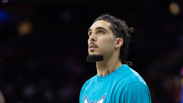 LiAngelo Ball before the Hornets' 99–94 preseason loss to the 76ers on Oct. 12, 2022. LiAngelo Ball before the Hornets' 99–94 preseason loss to the 76ers on Oct. 12, 2022.