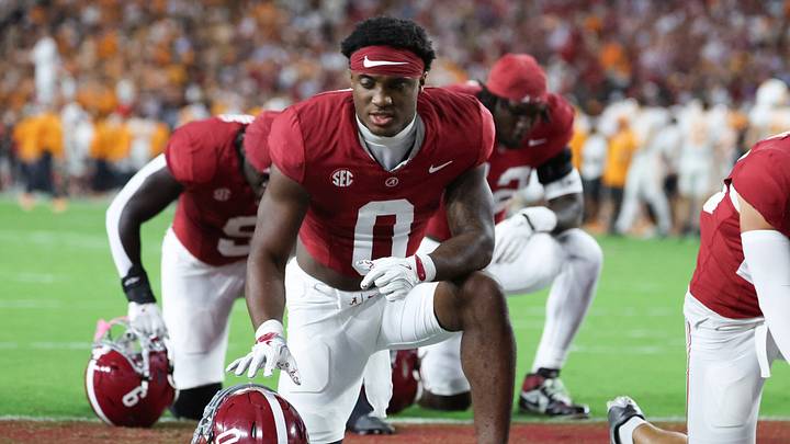 Oct 18, 2025; Tuscaloosa, Alabama, USA; Alabama Crimson Tide running back AK Dear (0) kneels in the end zone before the game against the Tennessee Volunteers at Saban Field at Bryant-Denny Stadium. Mandatory Credit: David Leong-Imagn Images