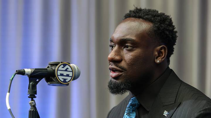 Jul 17, 2025; Atlanta, GA, USA; Kentucky Wildcats linebacker Alex Afari answers questions from the media during the SEC Media Days at Omni Atlanta Hotel. Mandatory Credit: Jordan Godfree-Imagn Images