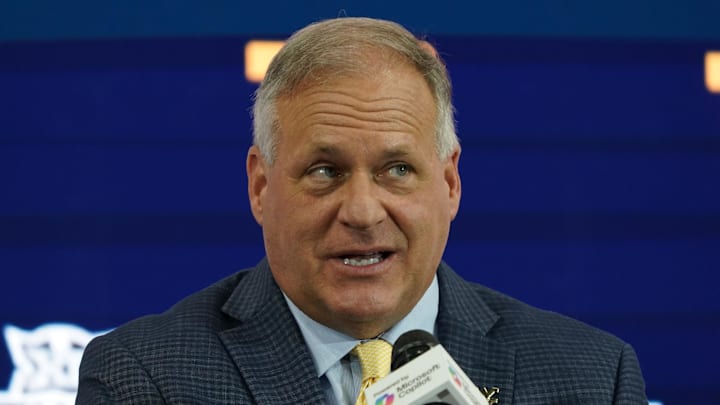 Jul 9, 2025; Frisco, TX, USA; West Virginia head coach Rich Rodriguez speaks with the media during 2025 Big 12 Football Media Days at The Star. Mandatory Credit: Raymond Carlin III-Imagn Images