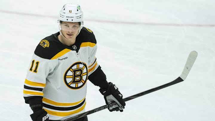 Jan 18, 2025; Ottawa, Ontario, CAN; Boston Bruins center Trent Frederic (11) skates in the third period against the Ottawa Senators at the Canadian Tire Centre. Mandatory Credit: Marc DesRosiers-Imagn Images
