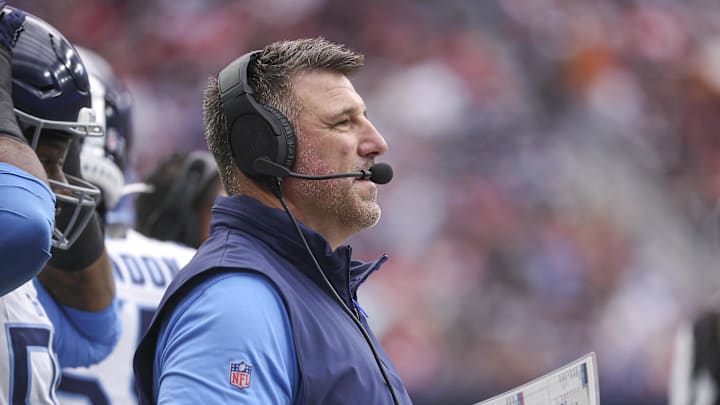 Dec 31, 2023; Houston, Texas, USA; Tennessee Titans head coach Mike Vrabel looks on during the first quarter against the Houston Texans at NRG Stadium. Mandatory Credit: Troy Taormina-Imagn Images