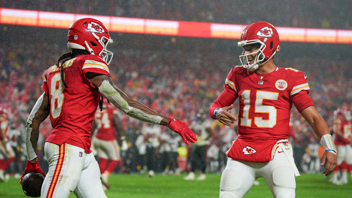 Nov 4, 2024; Kansas City, Missouri, USA; Kansas City Chiefs wide receiver DeAndre Hopkins (8) celebrates with quarterback Patrick Mahomes (15) after scoring against the Tampa Bay Buccaneers during the second half at GEHA Field at Arrowhead Stadium. Mandatory Credit: Denny Medley-Imagn Images