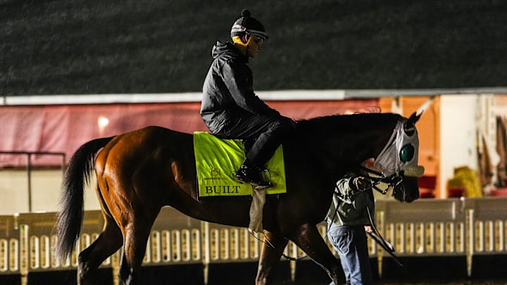 Kentucky Derby 151 contender Built heads back to the barns during a rainy morning at Churchill Downs in Louisville, Kentucky on Monday, April 21, 2025. The horse is trained by Wayne Catalano, who last had a horse in the Kentucky Derby with Crypto Star in 1997. He finished fifth.