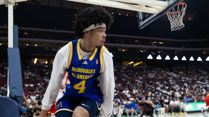 Mar 31, 2026; Glendale, AZ, USA; Tyran Stokes (4) during the McDonalds All American Boys Game at Desert Diamond Arena. Mandatory Credit: Mark J. Rebilas-Imagn Images