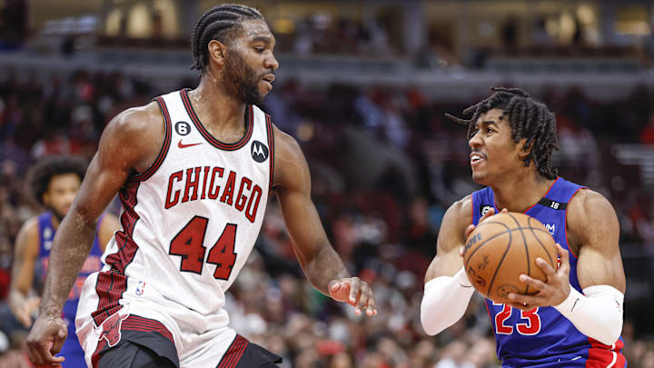 Apr 9, 2023; Chicago, Illinois, USA; Detroit Pistons guard Jaden Ivey (23) drives to the basket