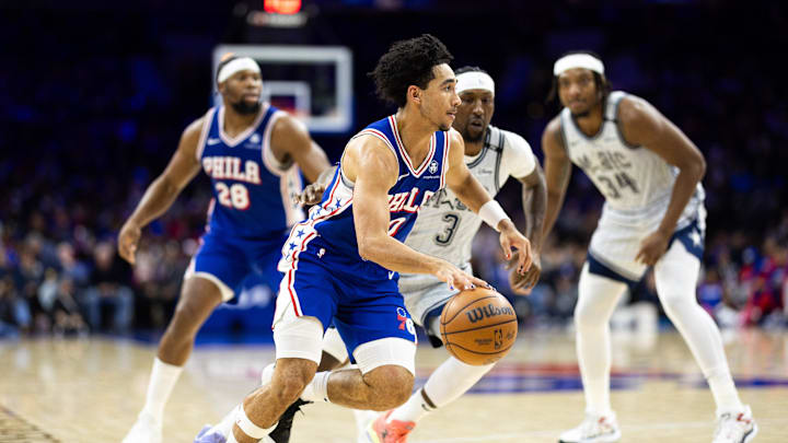 Dec 4, 2024; Philadelphia, Pennsylvania, USA; Philadelphia 76ers guard Jared McCain (20) in action against the Orlando Magic during the third quarter at Wells Fargo Center. Mandatory Credit: Bill Streicher-Imagn Images