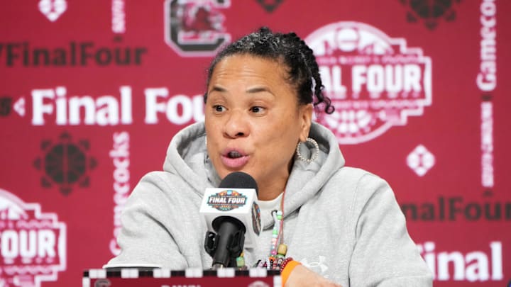 South Carolina Gamecocks head coach Dawn Staley speaks to the media from Mortgage Matchup Center on April 4, 2026.