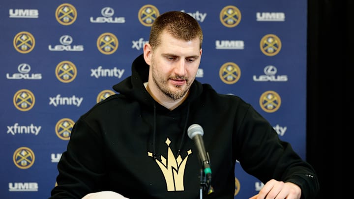 Feb 11, 2026; Denver, Colorado, USA; Denver Nuggets center Nikola Jokic (15) has his hand wrapped during a post game interview at Ball Arena. Mandatory Credit: Isaiah J. Downing-Imagn Images