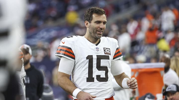 Dec 24, 2023; Houston, Texas, USA; Cleveland Browns quarterback Joe Flacco (15) on the sideline