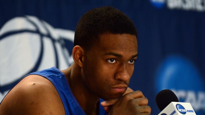 Mar 20, 2014; Raleigh, NC, USA; Duke basketball forward Jabari Parker (1) speaks during a press conference during practice before the second round of the 2014 NCAA Tournament at PNC Arena.