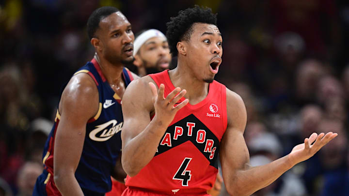 Apr 20, 2026; Cleveland, Ohio, USA; Toronto Raptors forward Scottie Barnes (4) reacts after being called for a foul during the second half during game two of the first round of the 2026 NBA Playoffs against the Cleveland Cavaliers at Rocket Arena. Mandatory Credit: David Dermer-Imagn Images