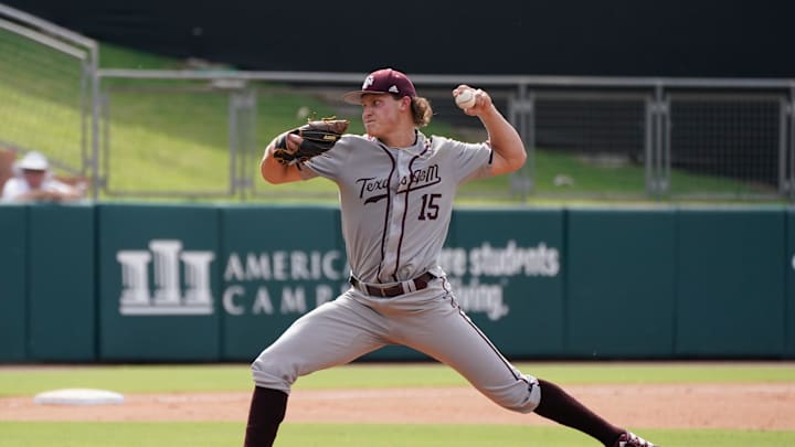 Jun 11, 2022; College Station, TX, USA; Texas A&M Aggies pitcher Will Johnston (15) delivers a pitch during the fifth inning against Louisville Cardinals at Olsen Field at Blue Bell Park. Mandatory Credit: Chris Jones-Imagn Images Jun 11, 2022; College Station, TX, USA; Texas A&M Aggies pitcher Will Johnston (15) delivers a pitch during the fifth inning against Louisville Cardinals at Olsen Field at Blue Bell Park. Mandatory Credit: Chris Jones-Imagn Images