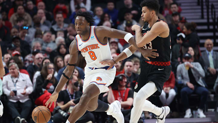 Mar 14, 2024; Portland, Oregon, USA; New York Knicks forward OG Anunoby (8) controls the ball against Portland Trail Blazers forward Toumani Camara (33) in the fourth quarter at Moda Center. Mandatory Credit: Jaime Valdez-Imagn Images Mar 14, 2024; Portland, Oregon, USA; New York Knicks forward OG Anunoby (8) controls the ball against Portland Trail Blazers forward Toumani Camara (33) in the fourth quarter at Moda Center. Mandatory Credit: Jaime Valdez-Imagn Images