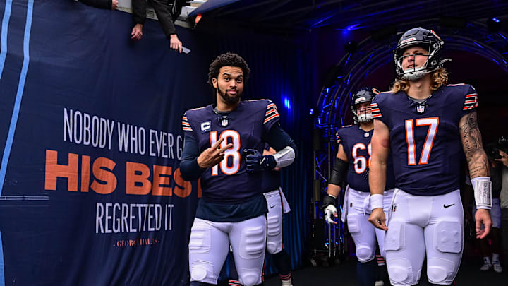 Nov 17, 2024; Chicago, Illinois, USA; Chicago Bears quarterback Caleb Williams (18) and quarterback Tyson Bagent (17) enter the field before the game against the Green Bay Packers at Soldier Field. 
