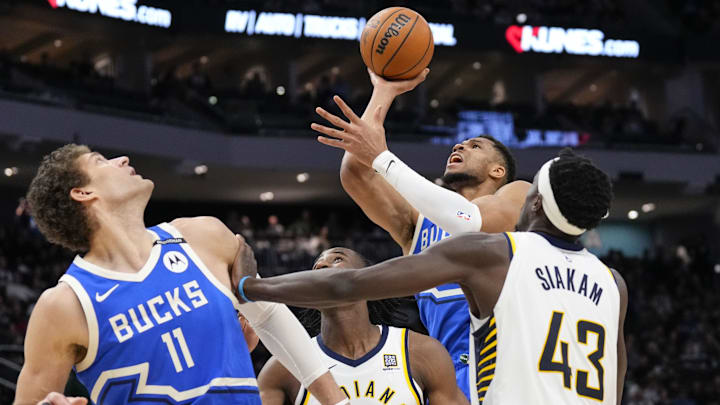 Mar 15, 2025; Milwaukee, Wisconsin, USA; Milwaukee Bucks forward Giannis Antetokounmpo (34) shoots during the third quarter against the Indiana Pacers at Fiserv Forum. Mandatory Credit: Jeff Hanisch-Imagn Images Mar 15, 2025; Milwaukee, Wisconsin, USA; Milwaukee Bucks forward Giannis Antetokounmpo (34) shoots during the third quarter against the Indiana Pacers at Fiserv Forum. Mandatory Credit: Jeff Hanisch-Imagn Images