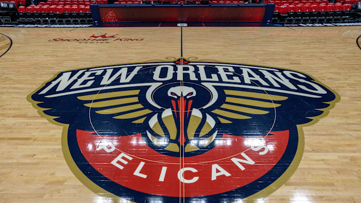 Apr 12, 2023; New Orleans, Louisiana, USA; Detailed view of the New Orleans Pelicans logo at mid court before the Play-In game against the Oklahoma City Thunder at Smoothie King Center. Mandatory Credit: Stephen Lew-USA TODAY Sports