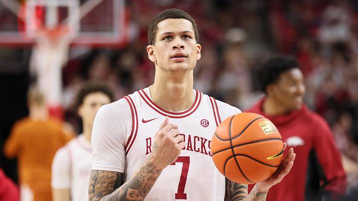 Mar 4, 2026; Fayetteville, Arkansas, USA; Arkansas Razorbacks forward Trevon Brazile (7) warms up prior to the game against the Texas Longhorns at Bud Walton Arena.