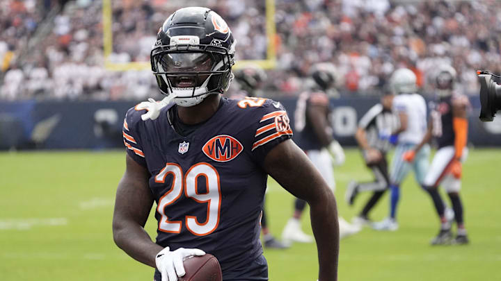 Sep 21, 2025; Chicago, Illinois, USA; Chicago Bears cornerback Tyrique Stevenson (29) reacts after a turnover against the Dallas Cowboys during the first half at Soldier Field. Mandatory Credit: David Banks-Imagn Images